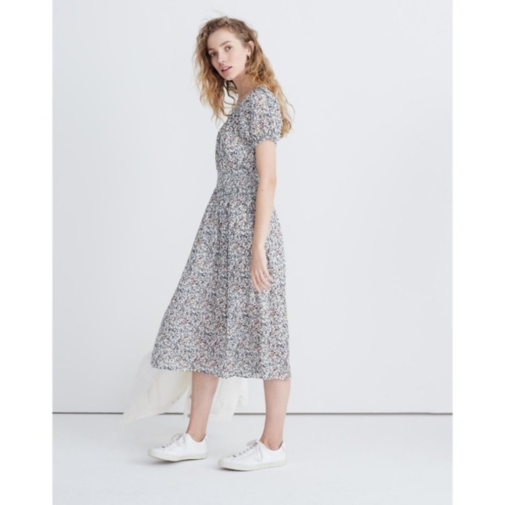 Smock-Waist Peasant Midi Dress in Blossoming Vines